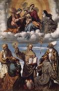Saint Bernardino with Saints Jerome,Joseph,Francis and Nicholas of Bari,Virgin and Child in Glory with Saints Catherine of Alexandria and Clare, MORETTO da Brescia